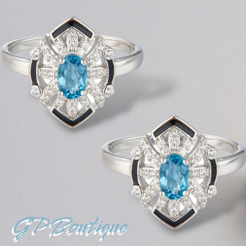 Серебряное кольцо с London Blue Topaz и черной эмалью